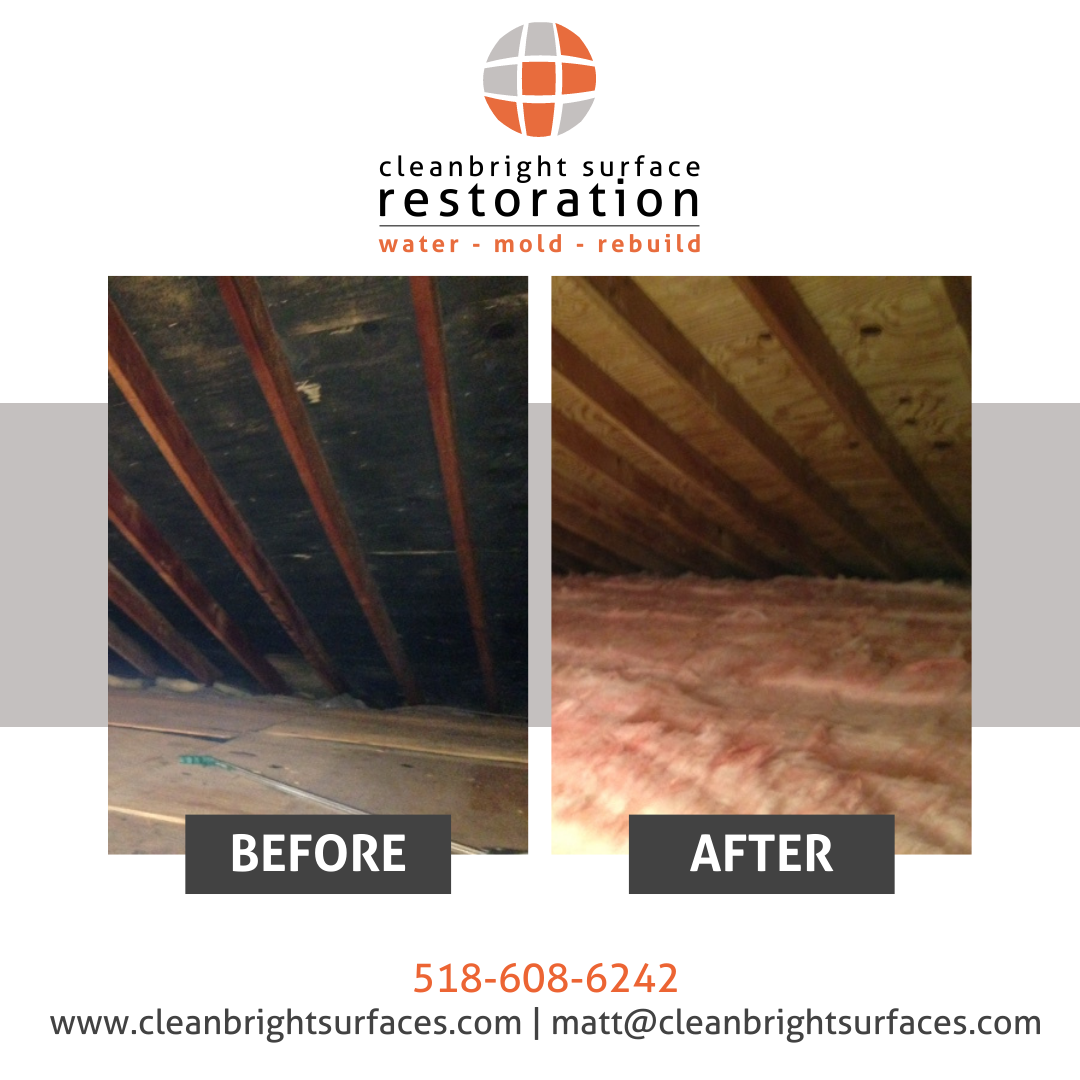 Before and after mold removal in an attic